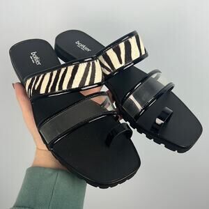 Botkier Maje calf hair zebra print new flat banded toe loop slides size 9